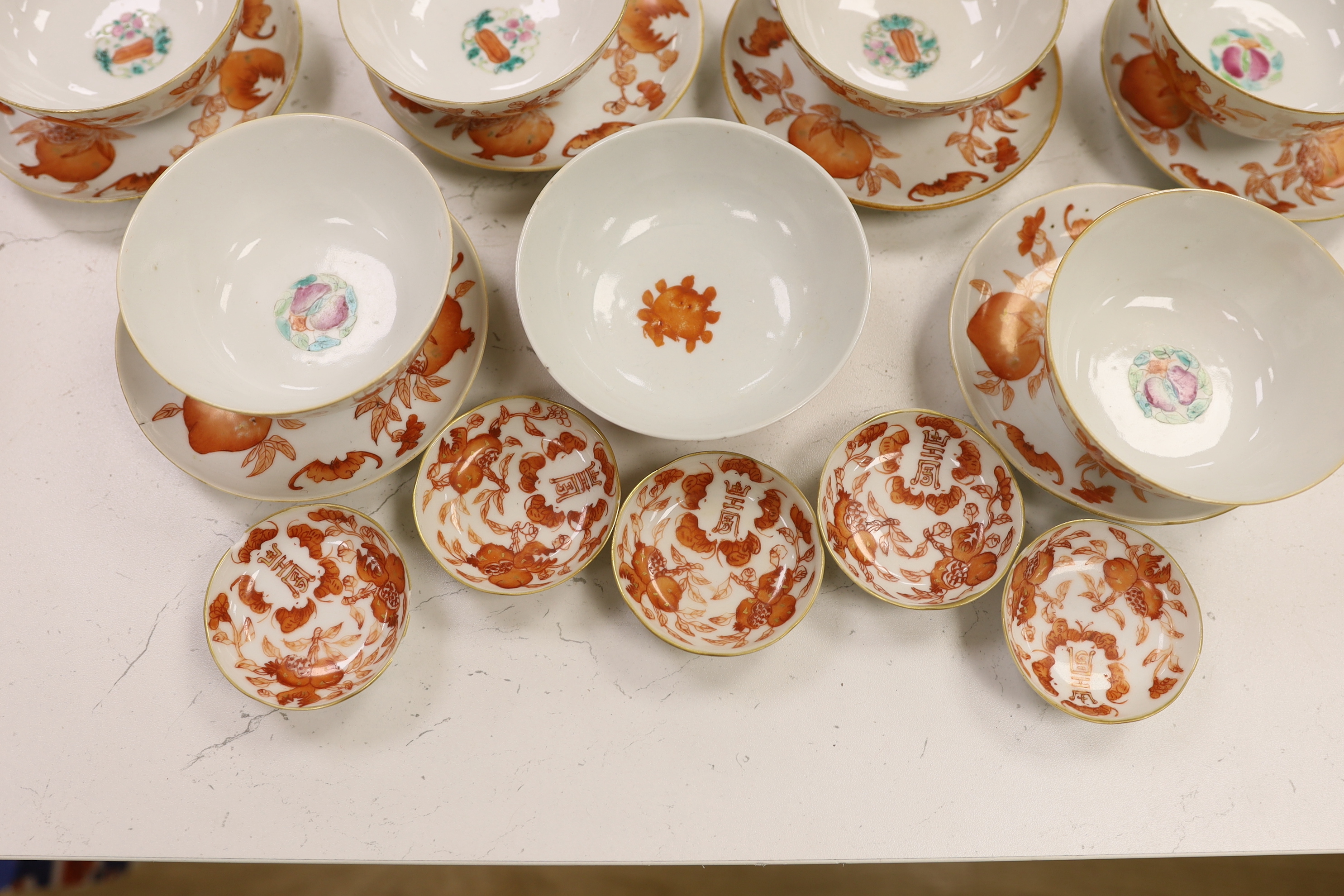 A group of Chinese iron red enamelled ‘sanduo’ bowls, saucers and side dishes, c.1900, Tongzhi and Guangxu marks